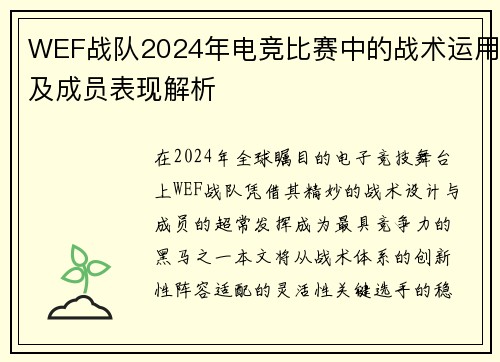 WEF战队2024年电竞比赛中的战术运用及成员表现解析