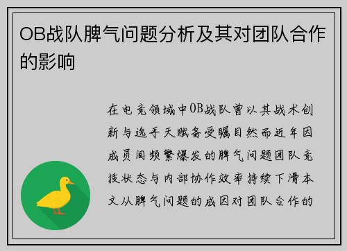 OB战队脾气问题分析及其对团队合作的影响
