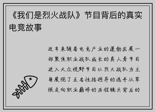 《我们是烈火战队》节目背后的真实电竞故事